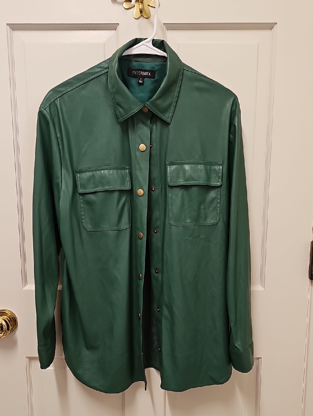 Intermix Green Faux Leather Button-Up Shirt Jacket